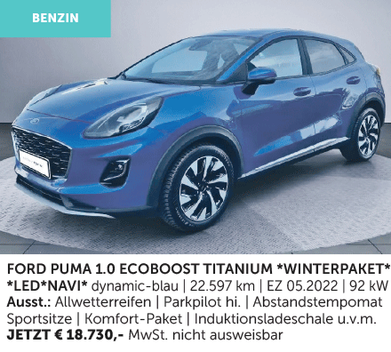 Autohaus Köster | Gebrauchtwagen-Angebot: Ford Puma 1.0 EcoBoost Titanium  | dynamic-blau | aus 2022