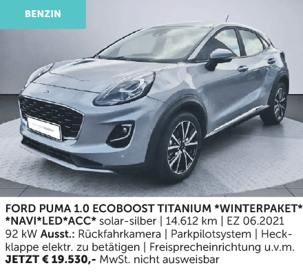Autohaus Köster | Gebrauchtwagen-Angebot: Ford Puma 1.0 EcoBoost Titanium | SOLAR-SILBER| aus 2021